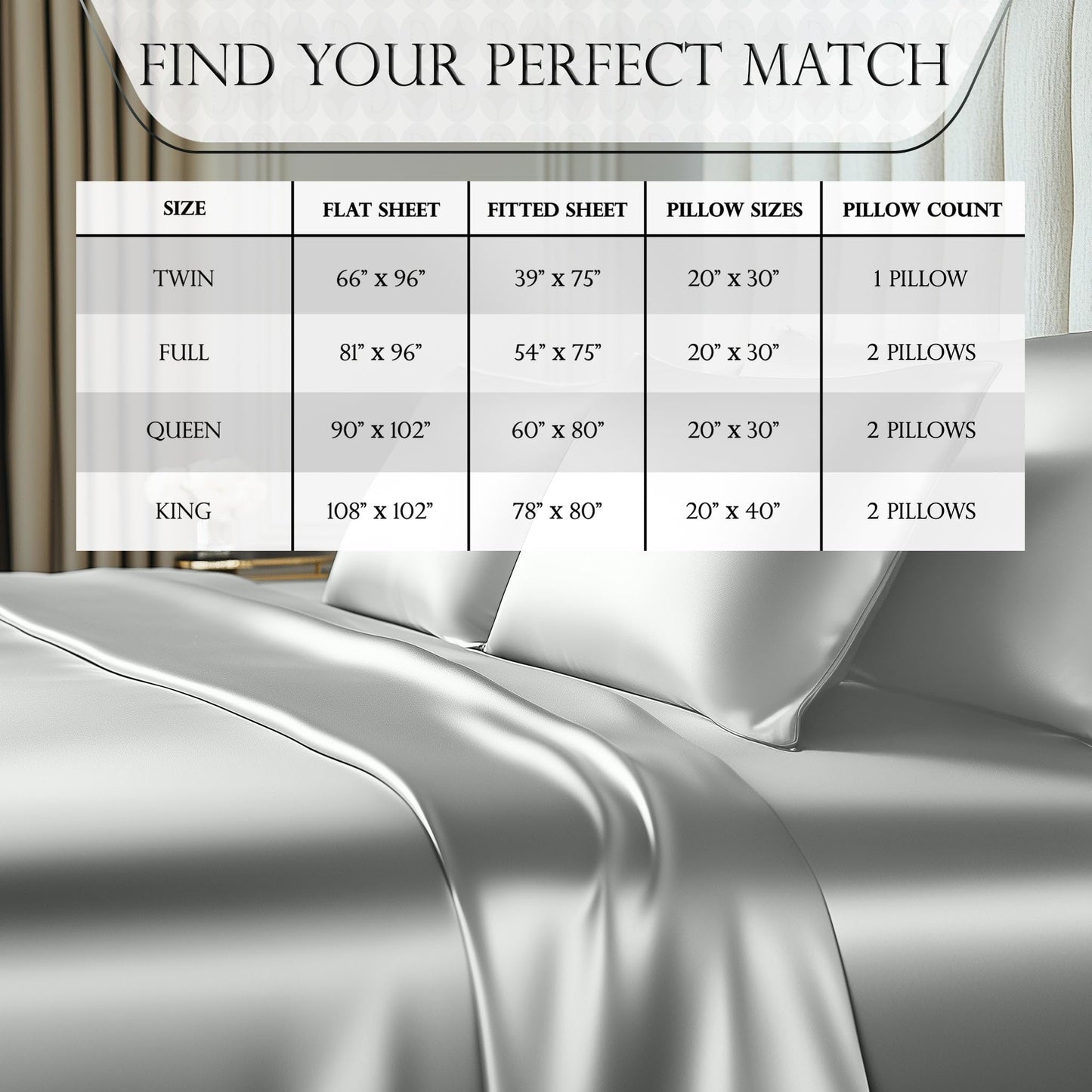 Smooth grey satin sheet spread over bed with soft folds and elegant sheen.