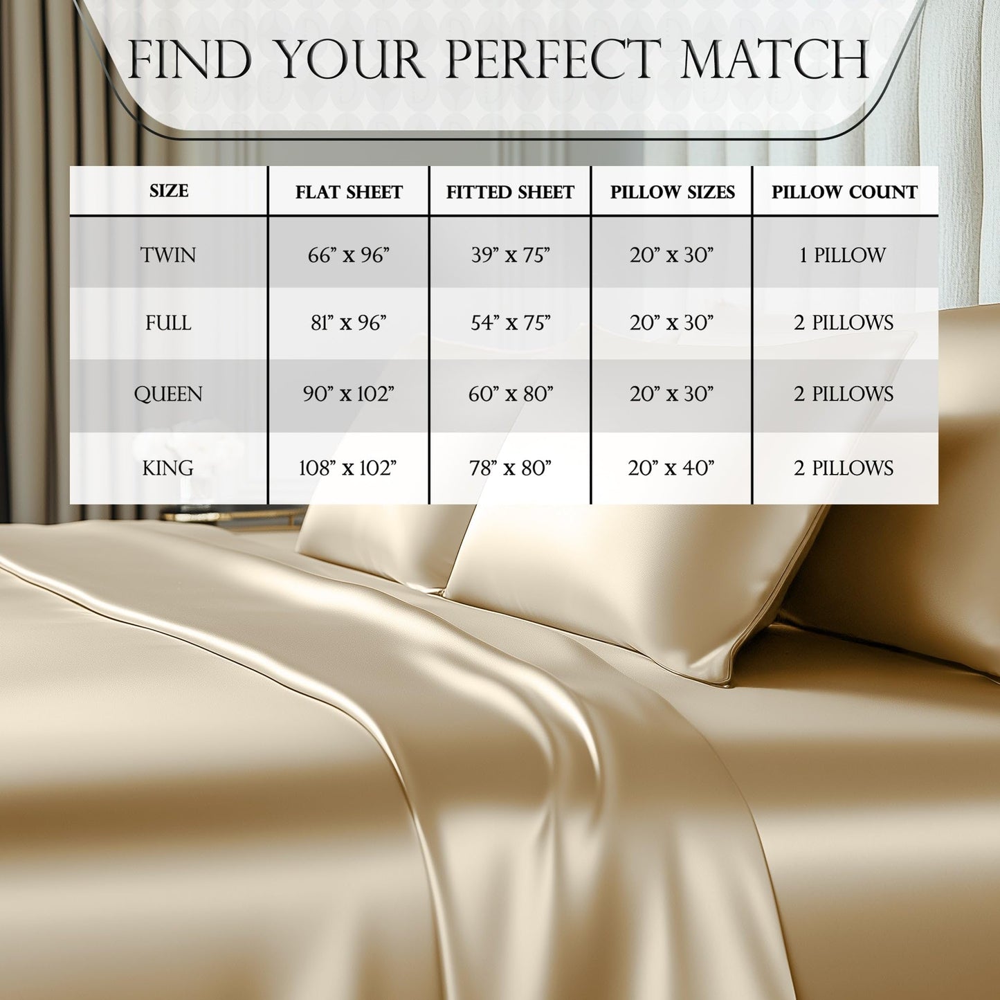 Ivory satin sheet set on bed with smooth, glossy surface and matching pillowcases.