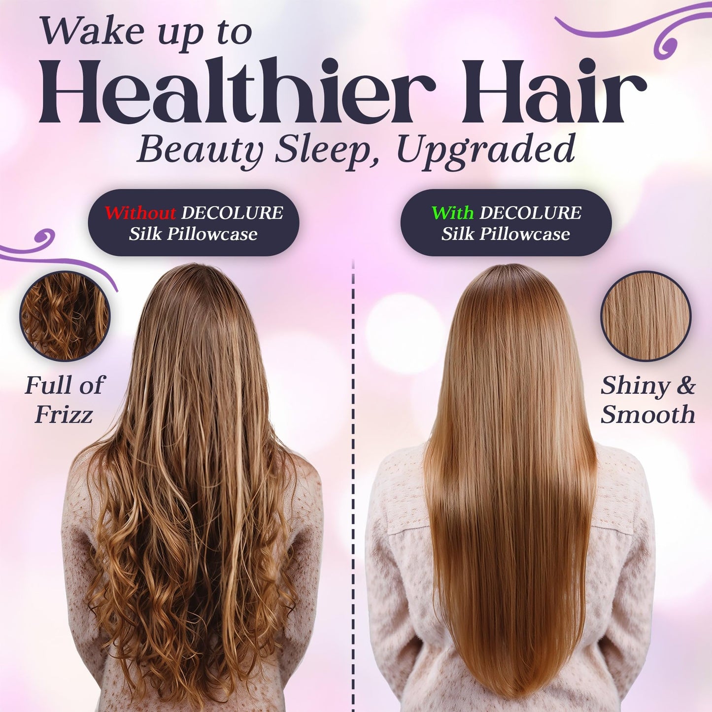 Side-by-side comparison of long brown hair with frizz on left and smooth, shiny hair on right, both on white pillows.