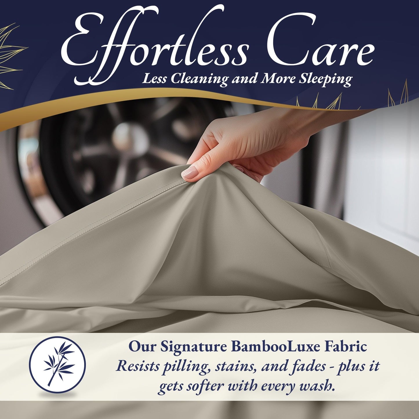 Hand holding smooth taupe bamboo sheet stretched to show fabric softness and texture.