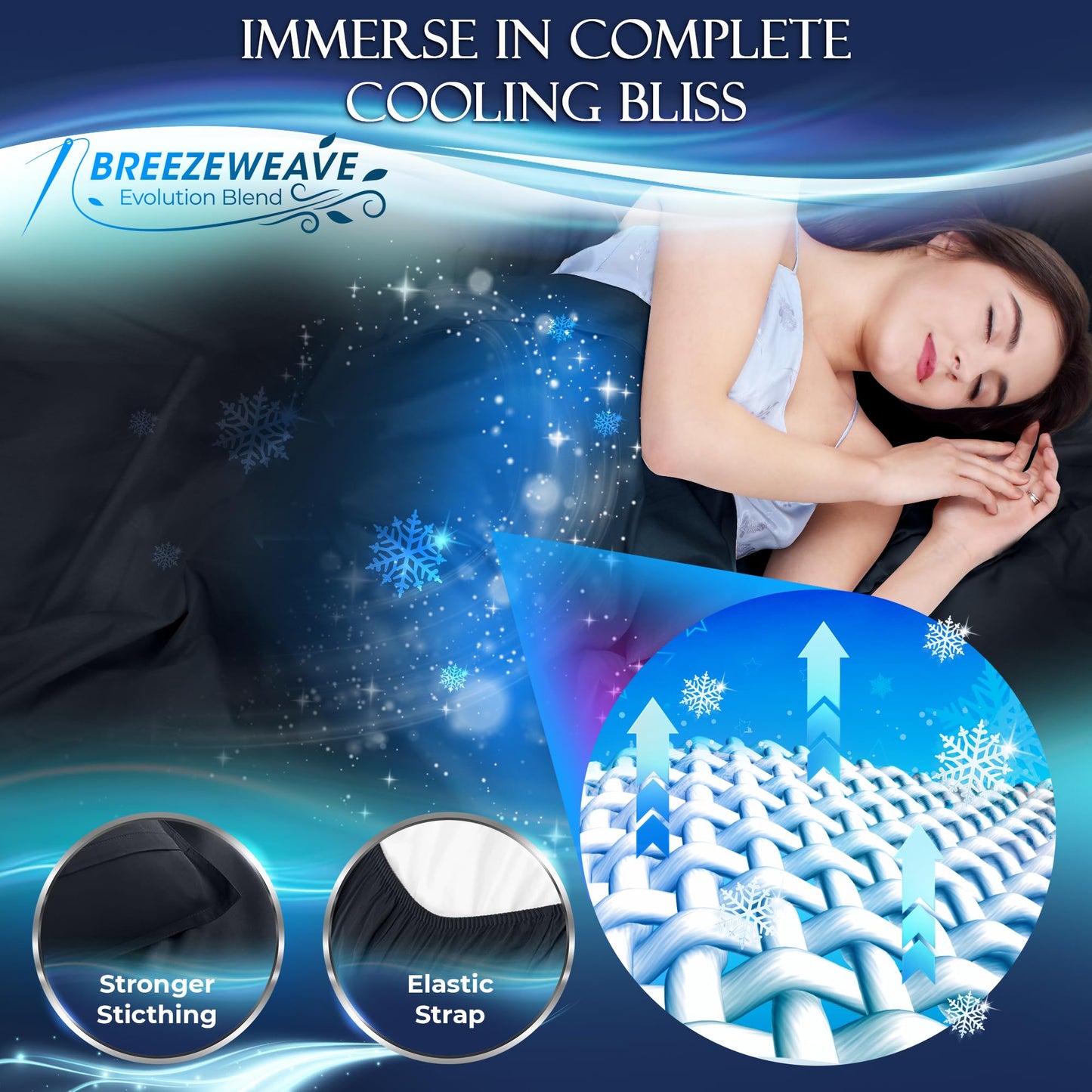 Midnight black cooling sheet set on bed with woman sleeping, showing soft texture and cooling fabric close-up.