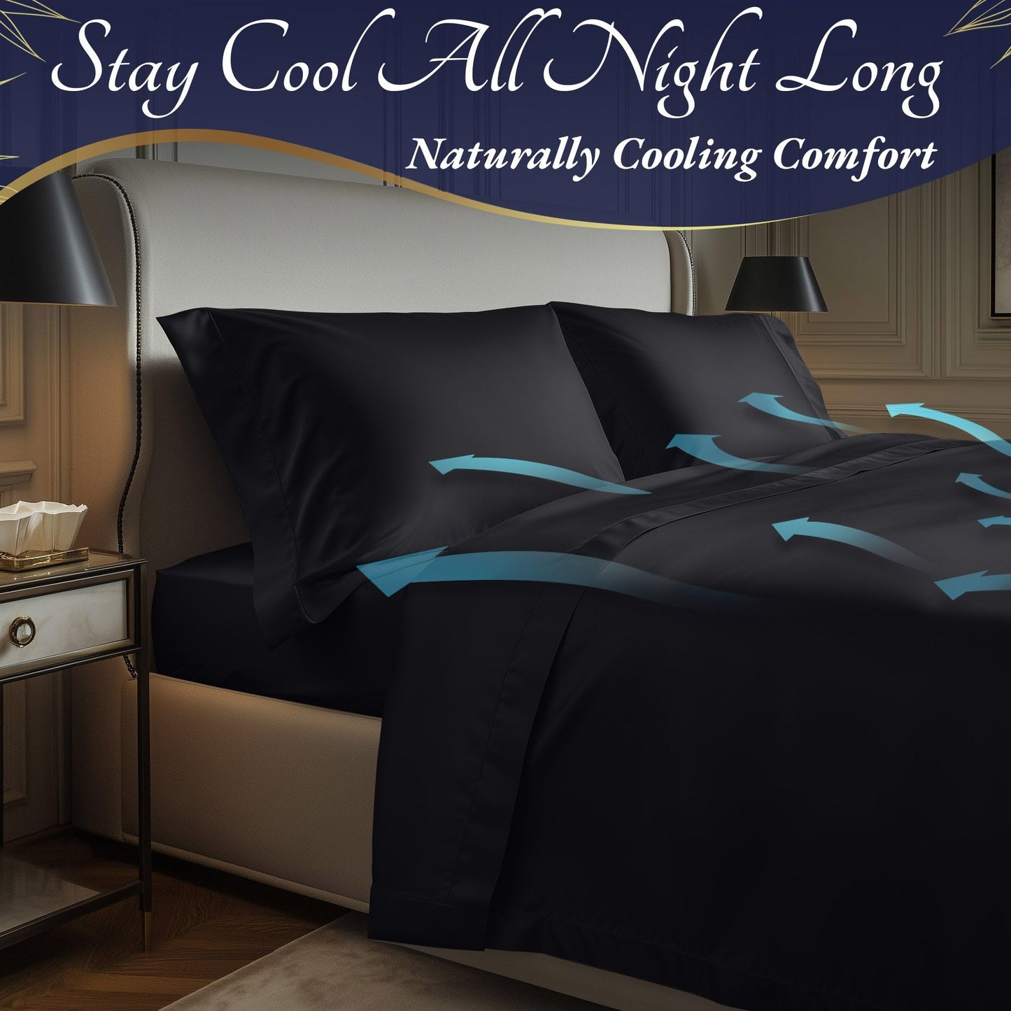 Charcoal bamboo sheet set with pillowcases on bed, highlighting natural cooling comfort.