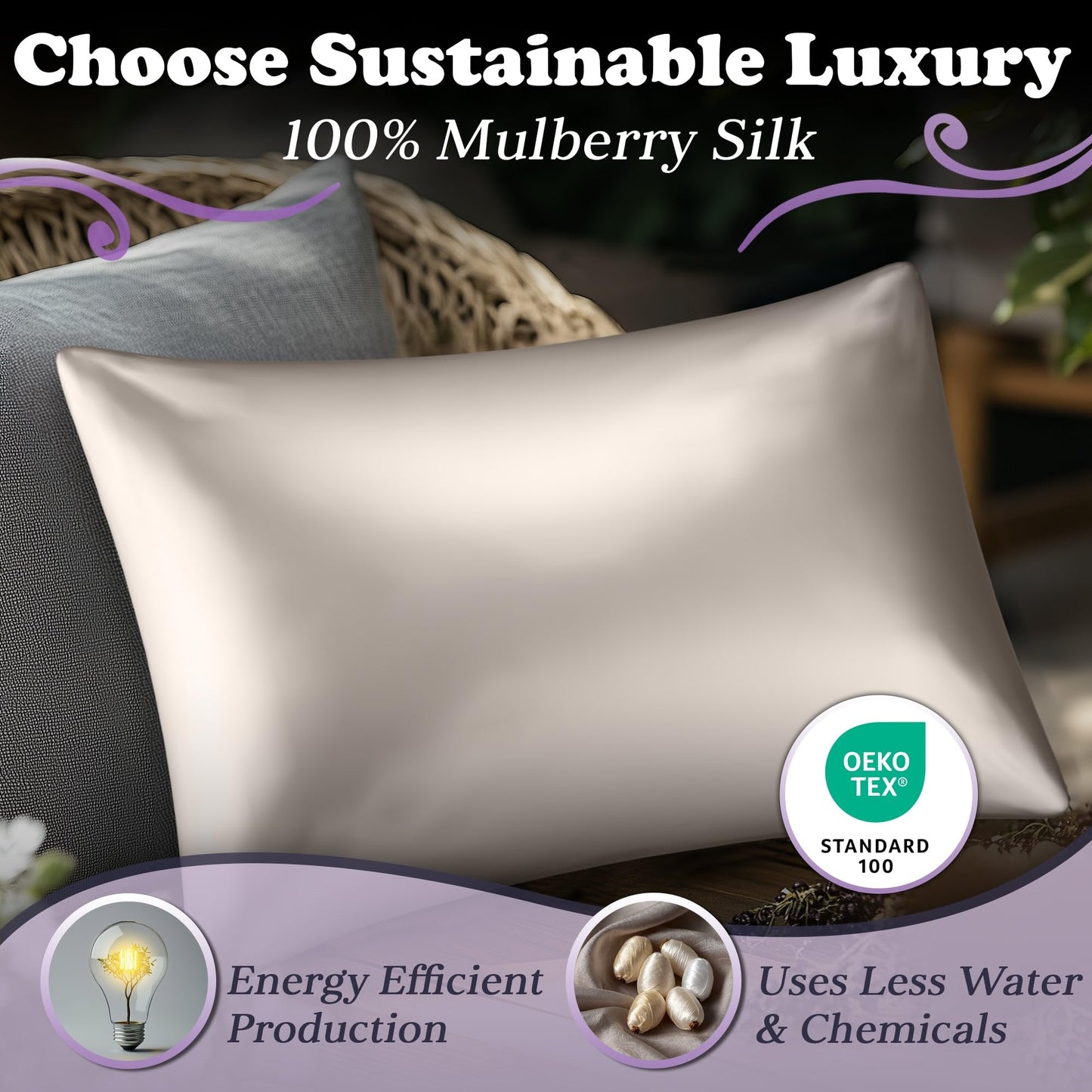 Ivory silk pillowcase on a bed highlighting smooth, lustrous fabric with sustainable luxury labels.