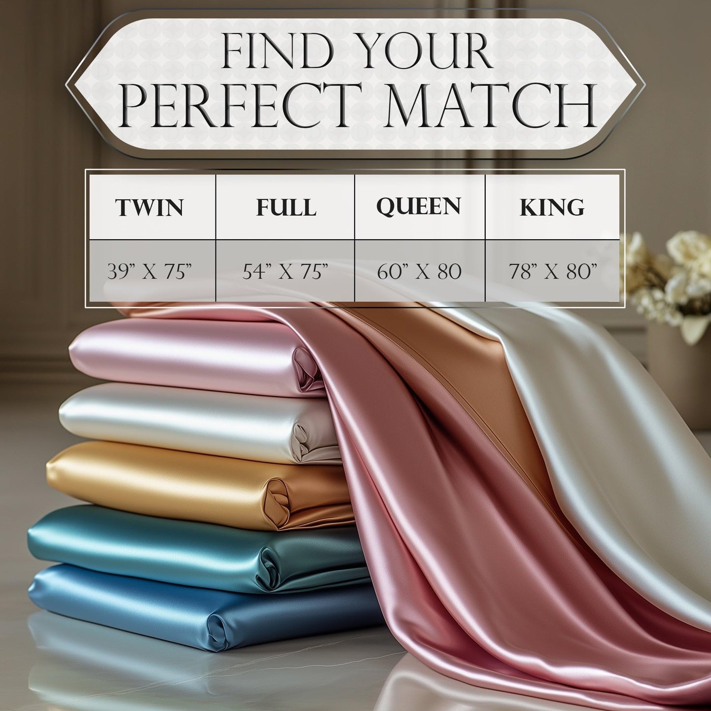 Stack of satin fitted sheets in muted pastel colors with smooth, shiny texture displayed on a wooden surface.