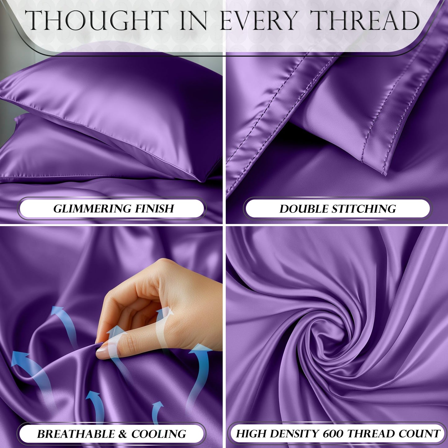 Close-up views of deep purple satin sheets showing glimmering finish, double stitching, breathable cooling fabric, and.