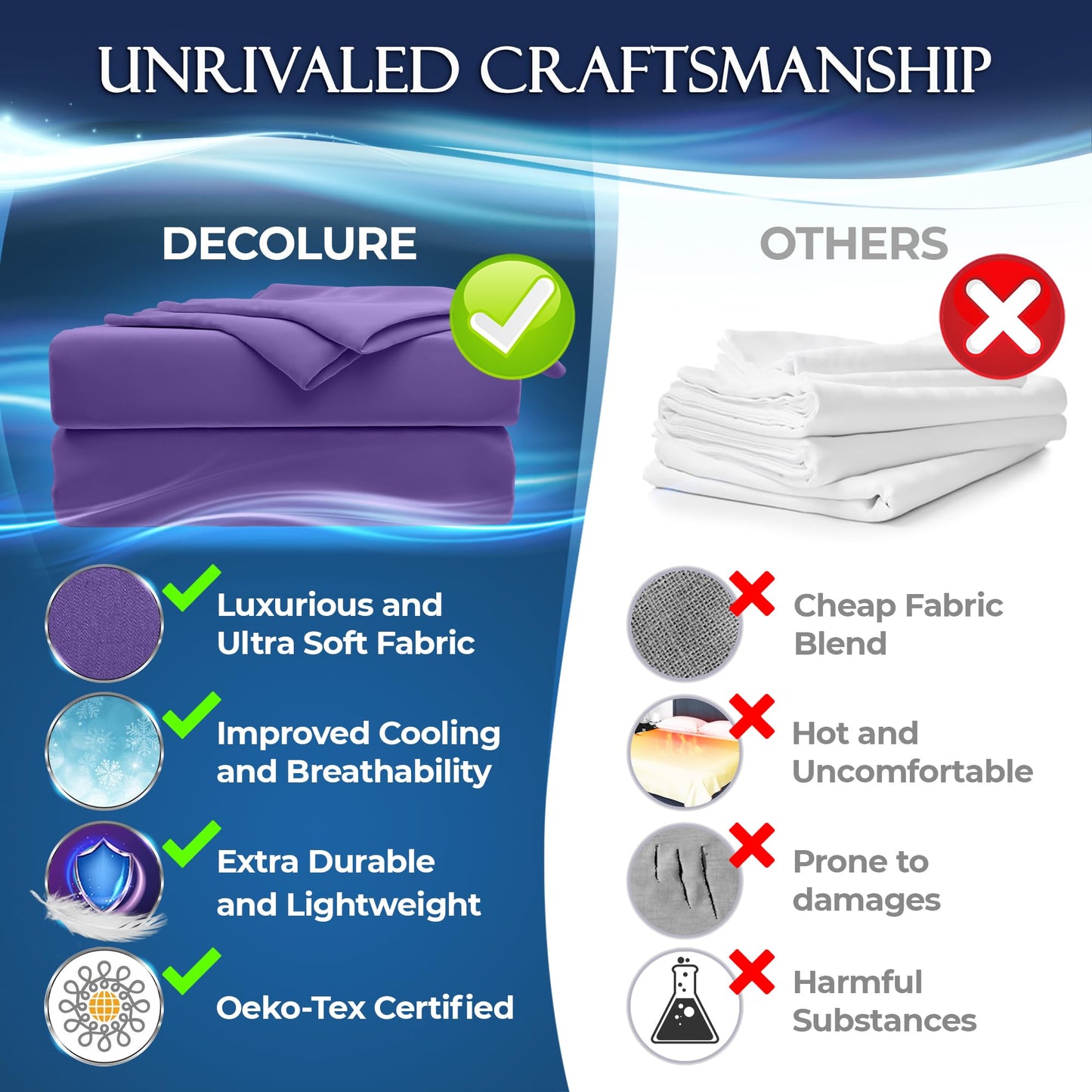 Folded regal purple cooling sheet set highlighting luxurious soft fabric and improved breathability features.