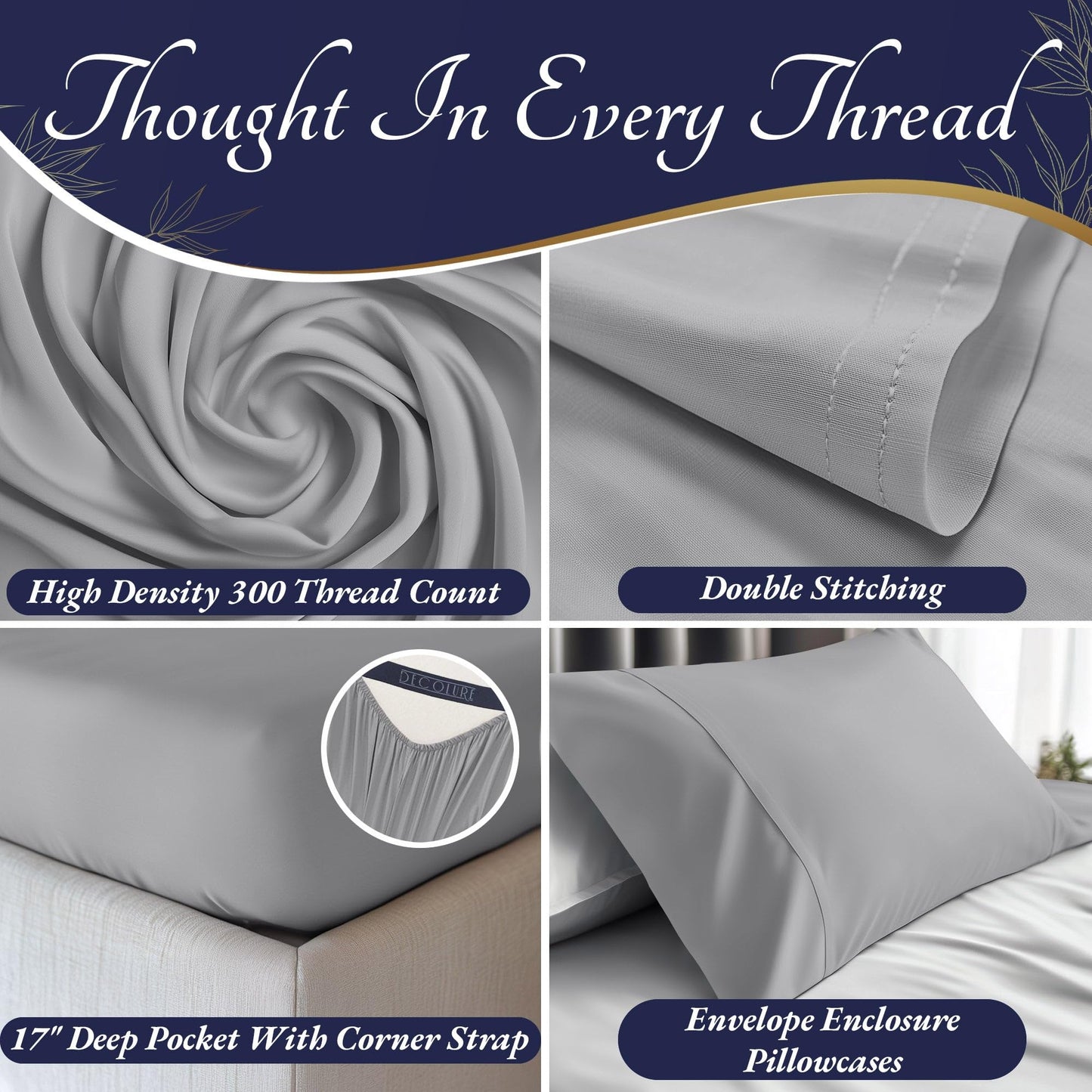 Midgrey bamboo sheet set with 300-thread count, double stitching, deep pocket with corner strap, and envelope closure.