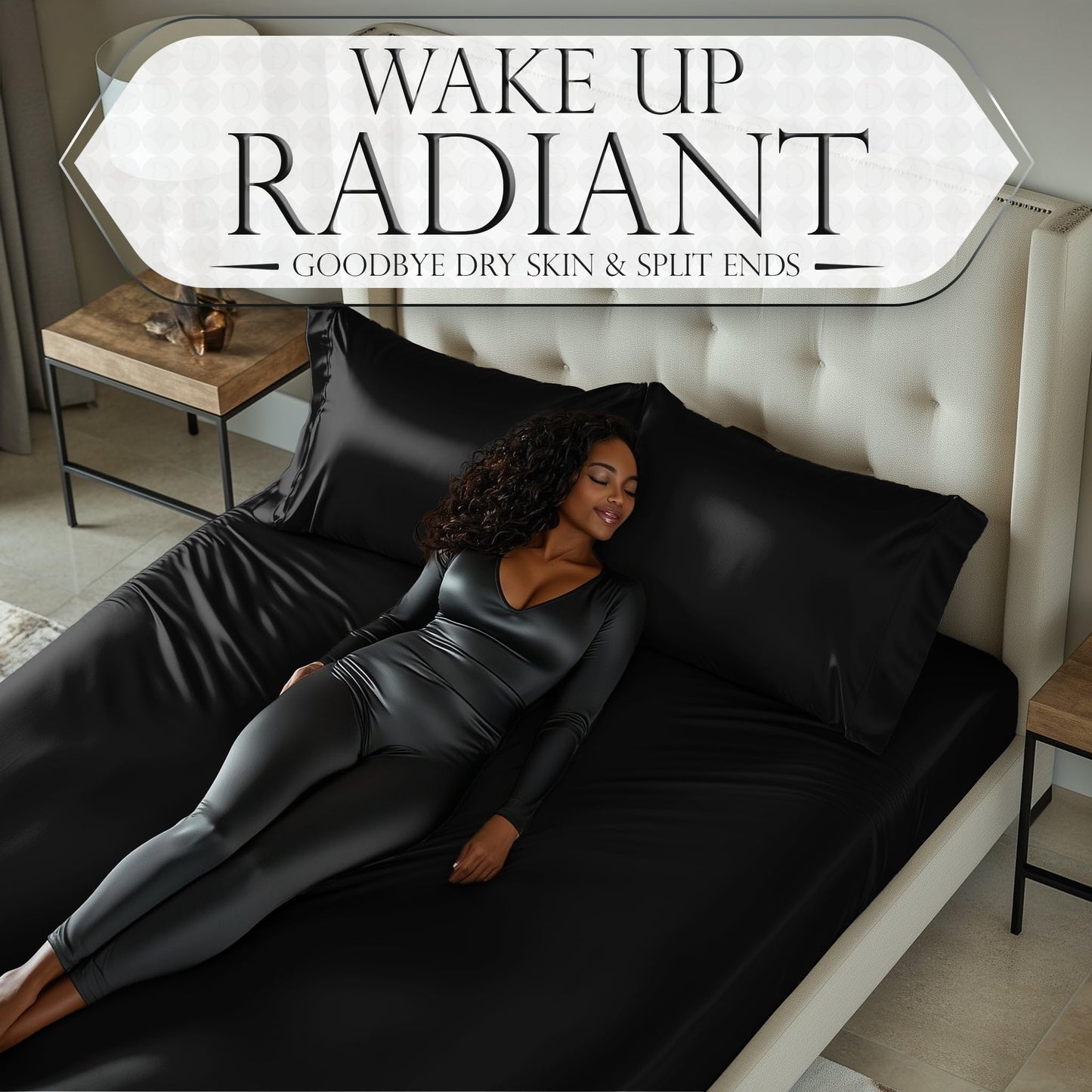 Black satin fitted sheet on bed with matching pillowcases and woman lying relaxed.