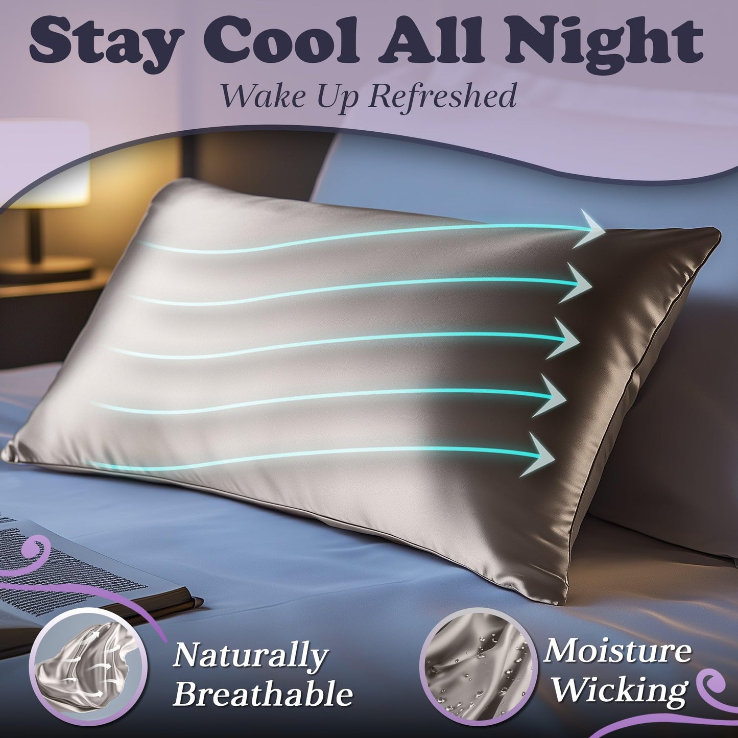 Ivory silk pillowcase on bed with cooling effect arrows and text highlights.