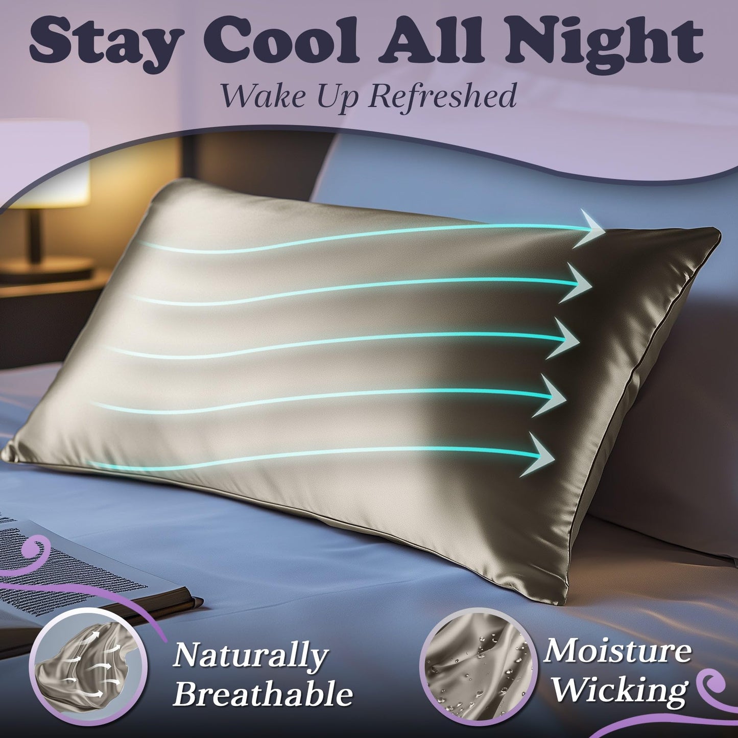 Champagne silk pillowcase on bed with airflow graphic indicating breathability and moisture-wicking properties.