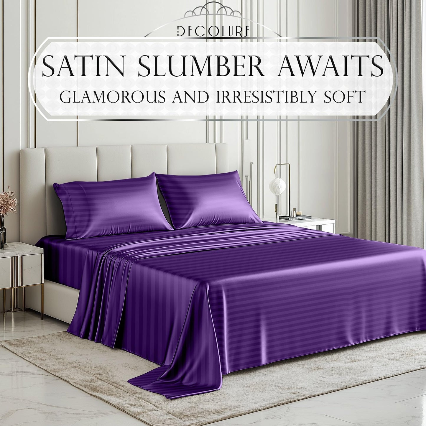 Luxurious purple satin sheet set with subtle vertical stripes on bed with matching pillowcases in modern bedroom.