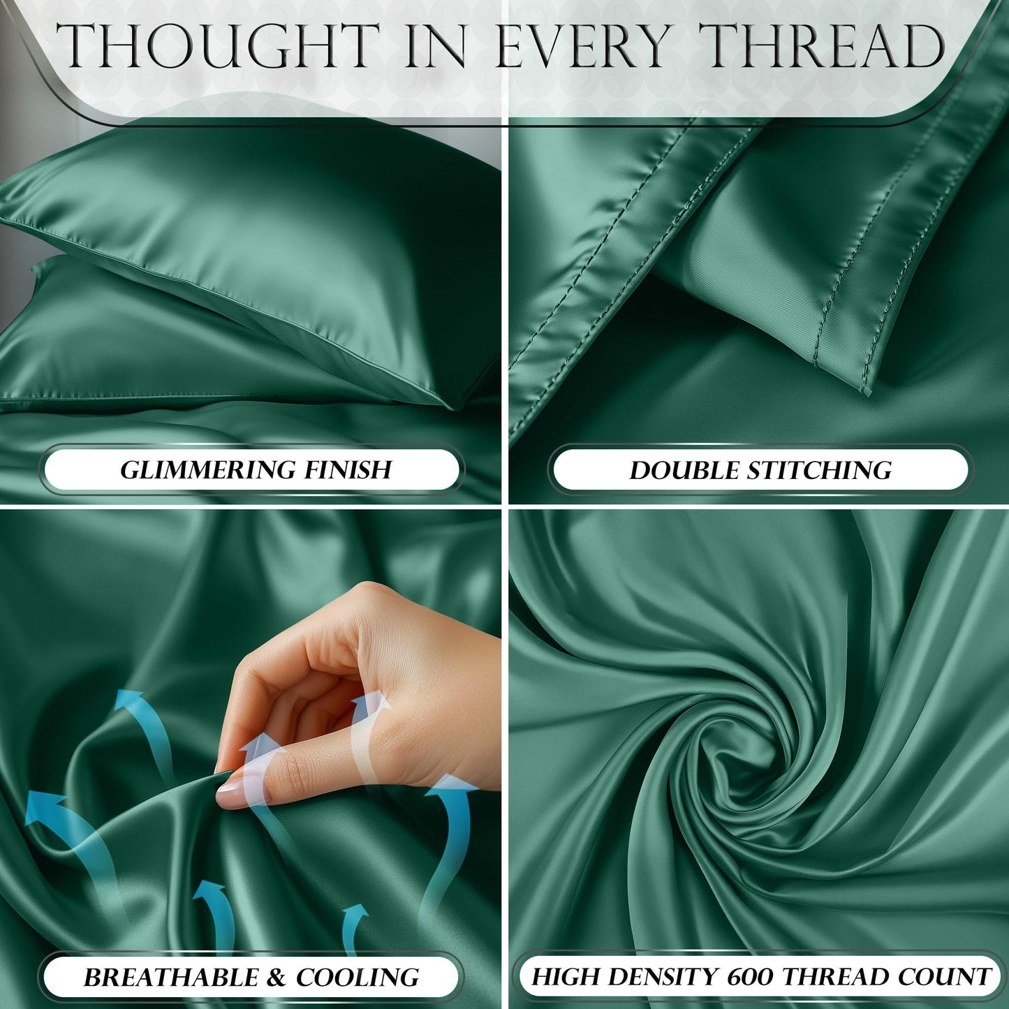 Dark green satin sheet set with glimmering finish, double stitching, breathable fabric, and high thread count.