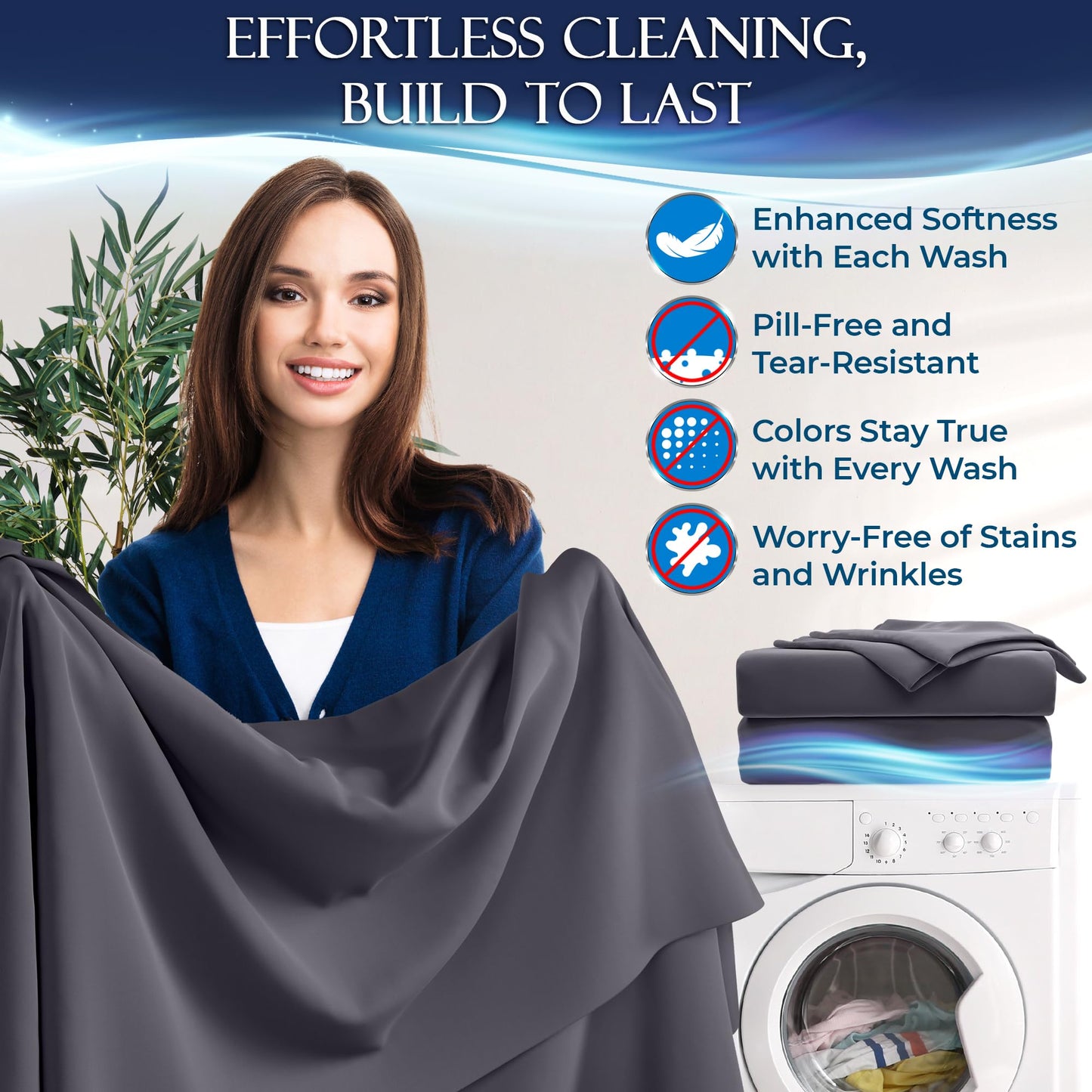 Woman holding dark gray cooling sheet set over white washing machine with infographic icons and text.