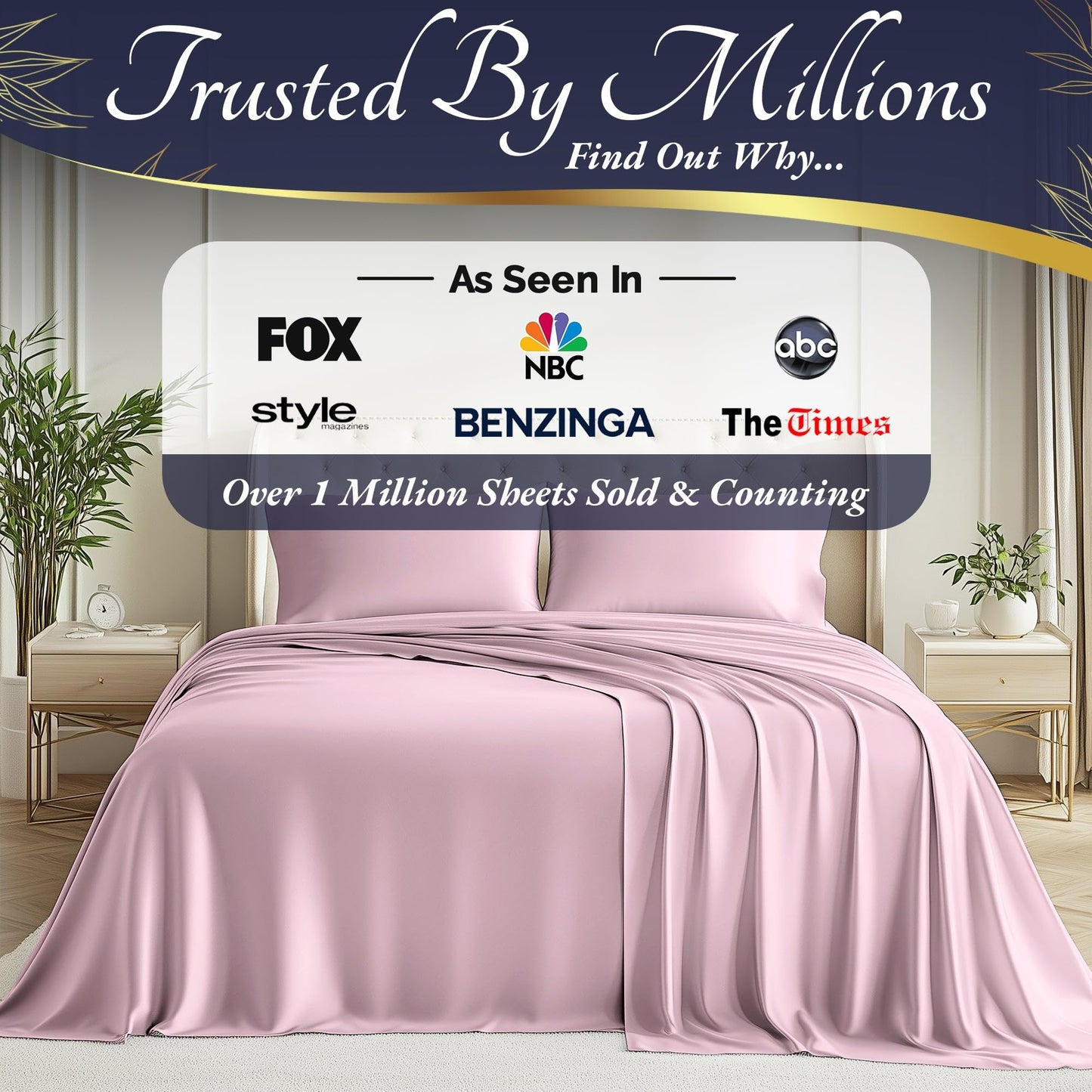 Light pink bamboo sheet set on bed with matching pillowcases, smooth and silky texture.