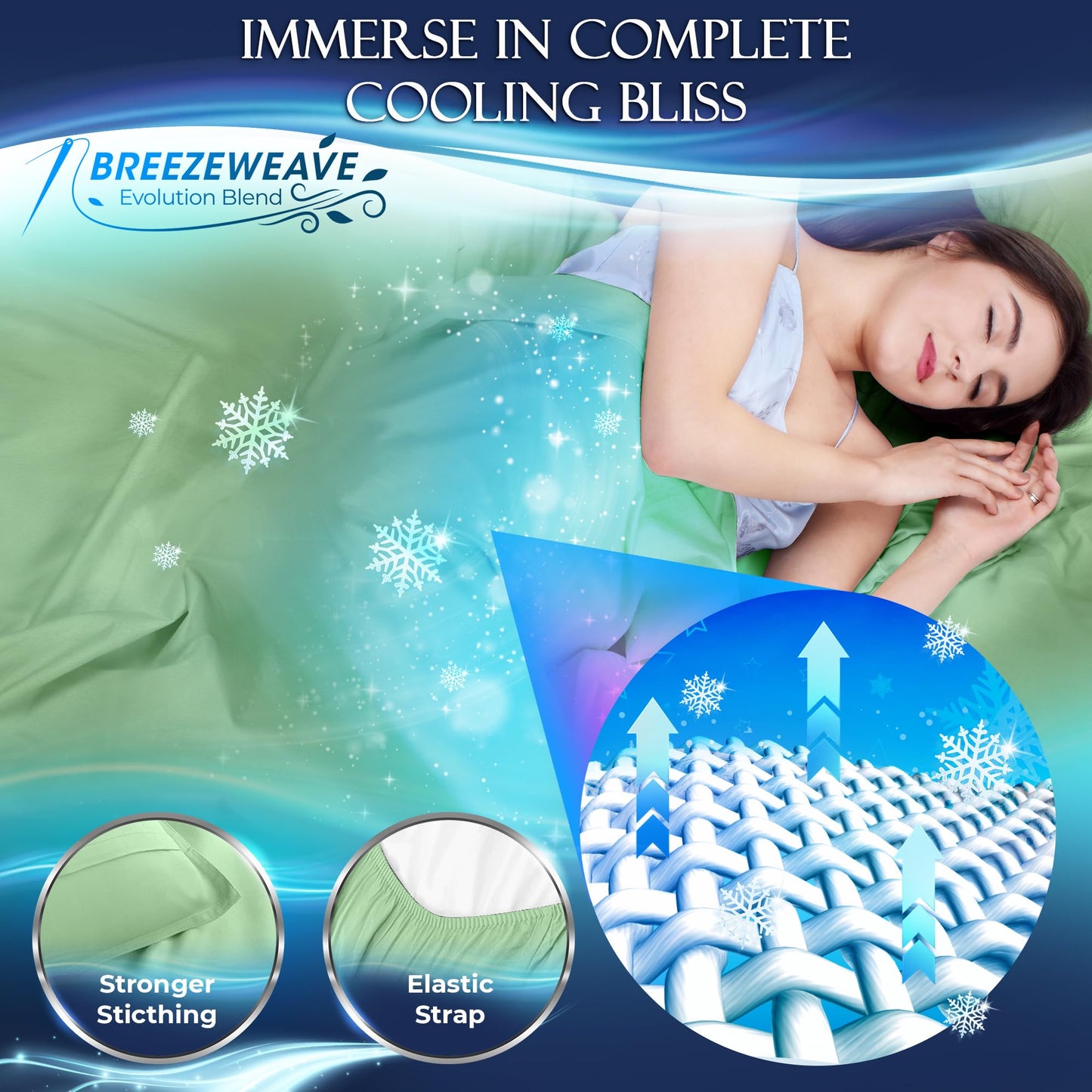 Sage green cooling sheet set on bed with emphasis on breathable fabric and elastic strap features.