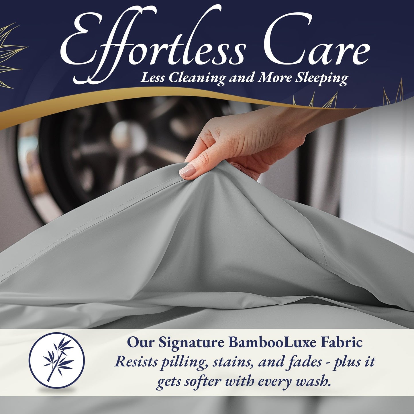 Light grey bamboo sheet being pulled taut to show soft, smooth texture and stretch.