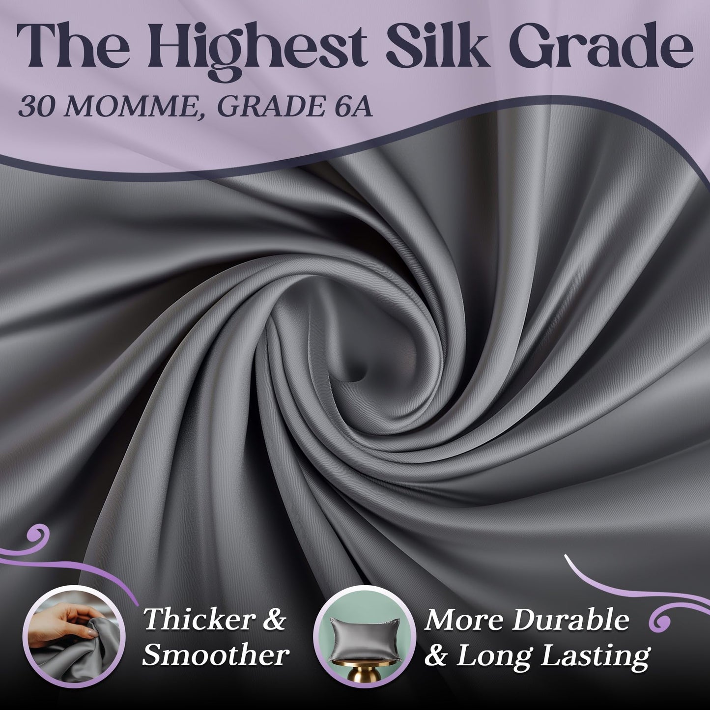 Gray silk fabric with smooth, lustrous texture folded in a swirl pattern.