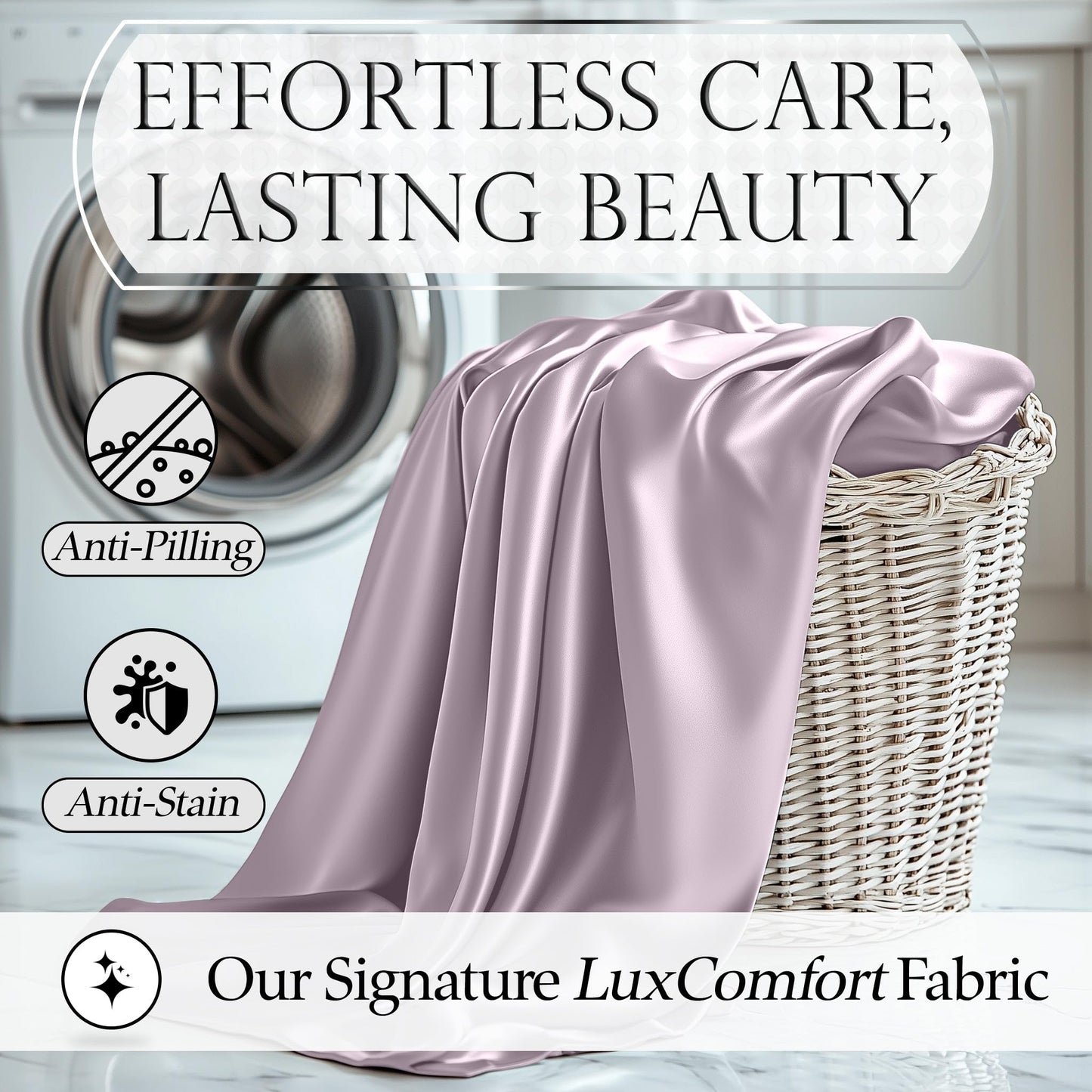 Lavender satin sheet draped over woven basket showcasing smooth, silky texture and subtle sheen.