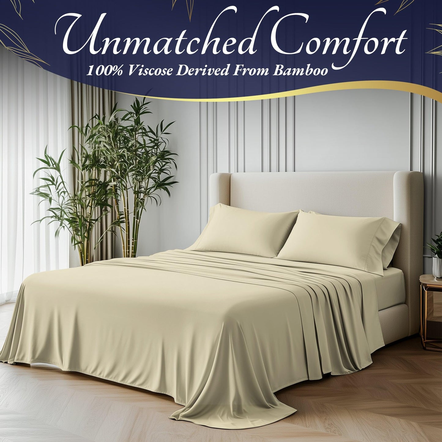 Creme bamboo sheet set on bed with matching pillowcases in modern bedroom setting.