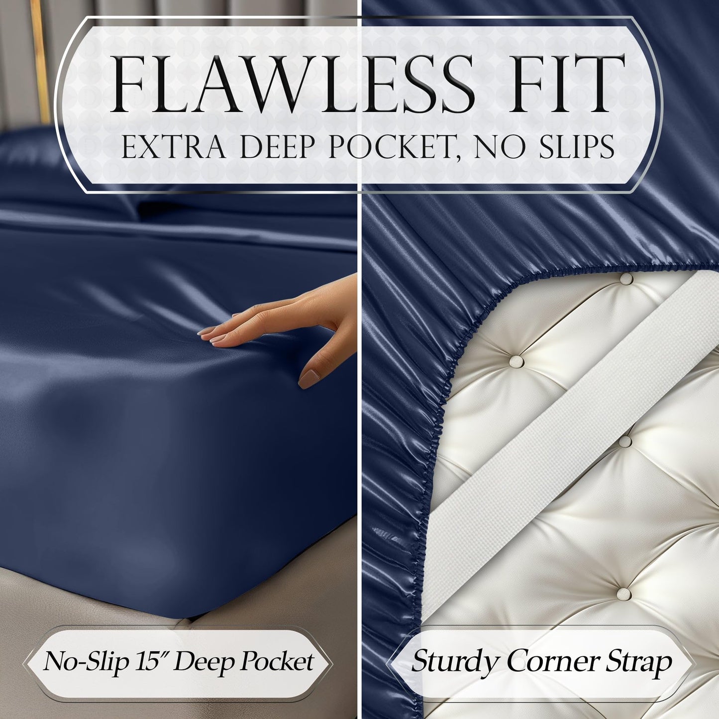 Navy blue satin sheet with extra deep pocket and sturdy corner strap on mattress edge.