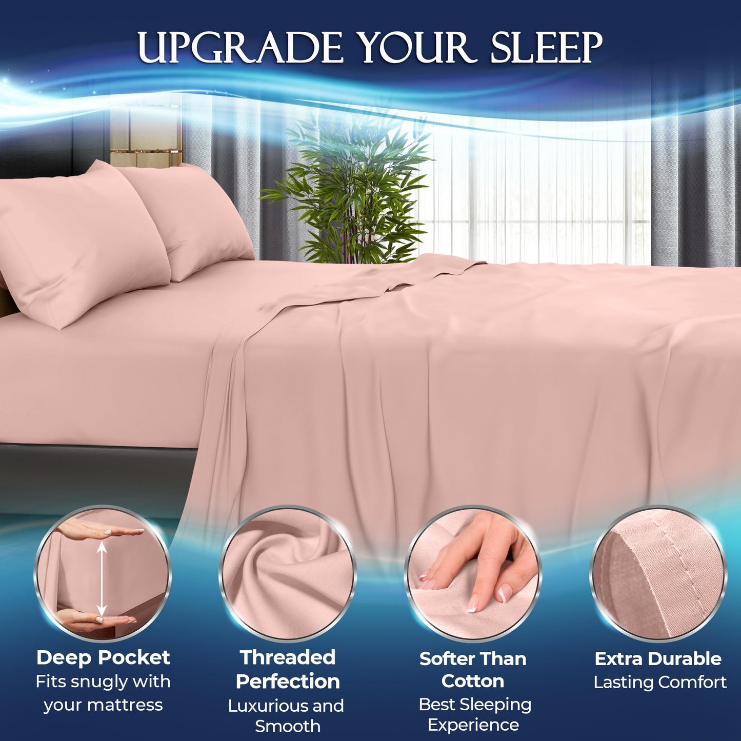 Light pink cooling sheet set on bed with deep pocket, smooth texture, and extra durable fabric.