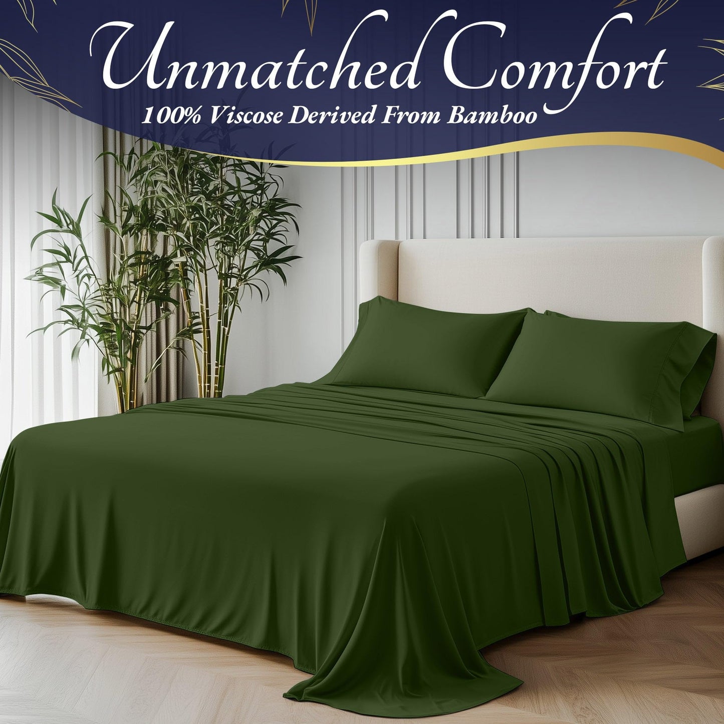 Olive green bamboo sheet set on king bed with matching pillowcases in minimalist bedroom.