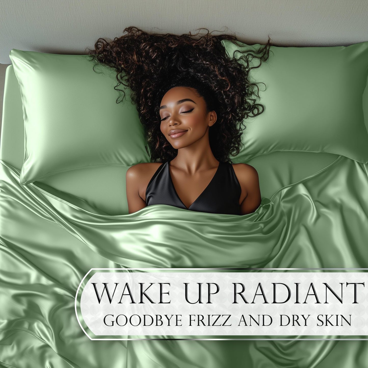 Satin sheet set in sage green with smooth, shiny texture and matching pillowcases.