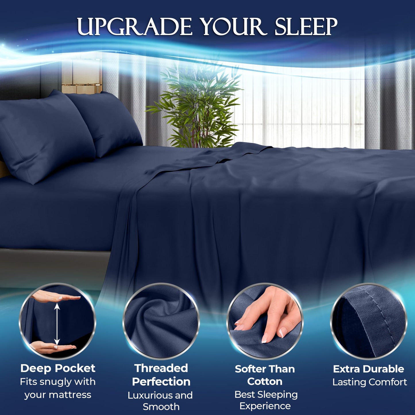 Navy blue cooling sheet set on bed with deep pockets and smooth, soft texture.