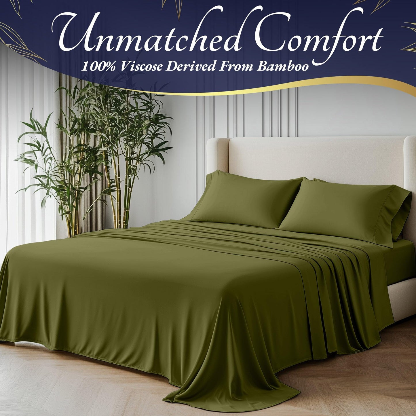 Light olive bamboo sheet set on king bed with matching pillowcases in minimalist bedroom.