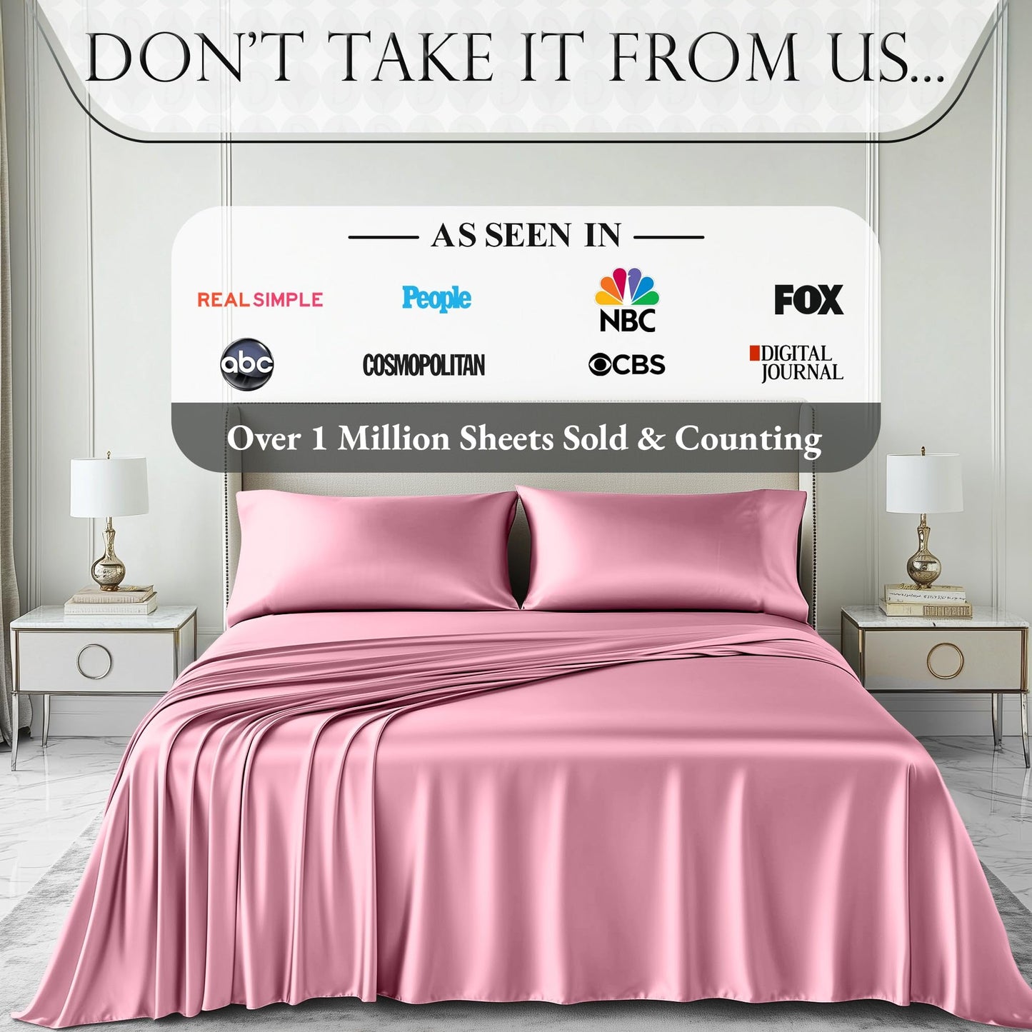 Pink satin sheet set on bed with smooth, glossy finish, two matching pillowcases, and draped flat sheet.