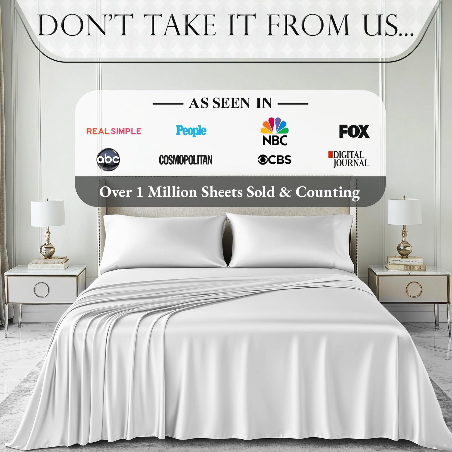 Luxurious white satin sheet set on bed with smooth, glossy finish and matching pillowcases.