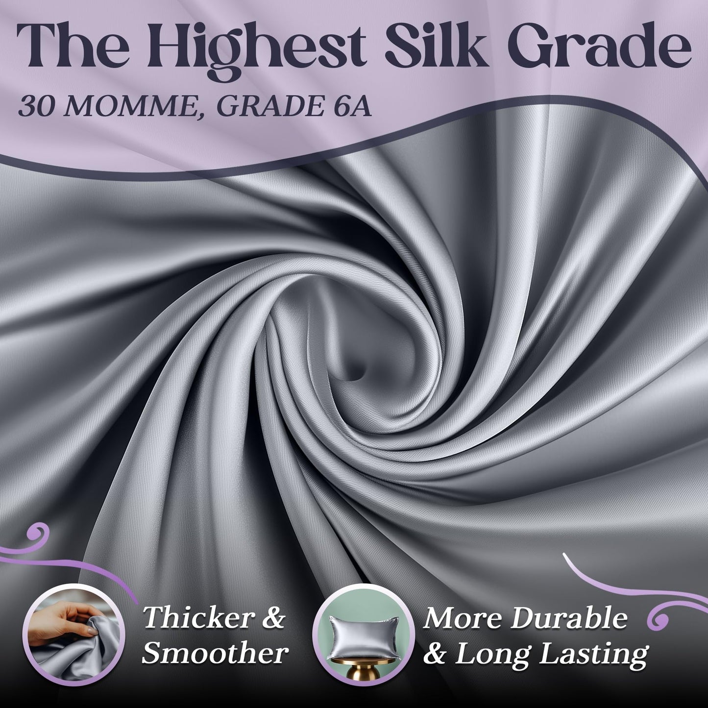 Smooth silver grey silk fabric with a glossy finish twisted in a swirl pattern.