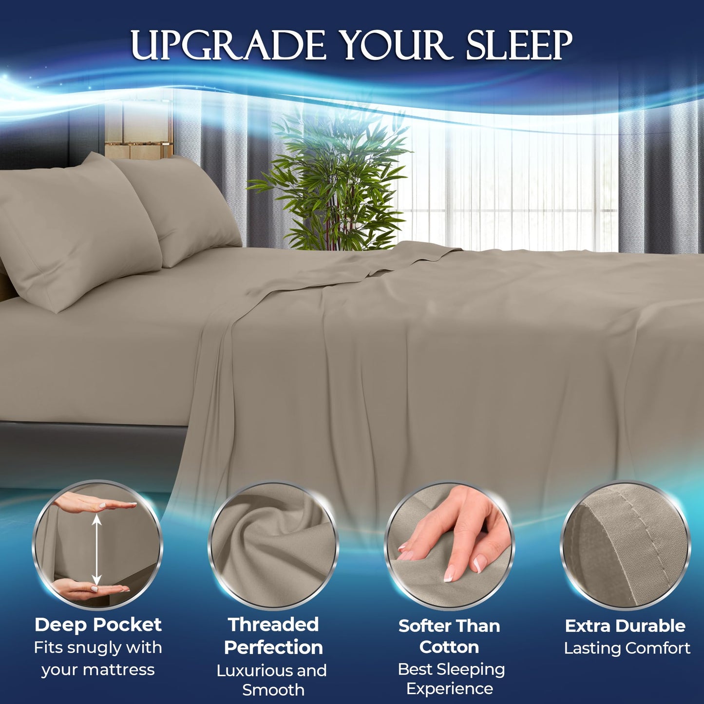 Beige cooling sheet set on bed with deep pocket, threaded stitching, and soft cotton texture.