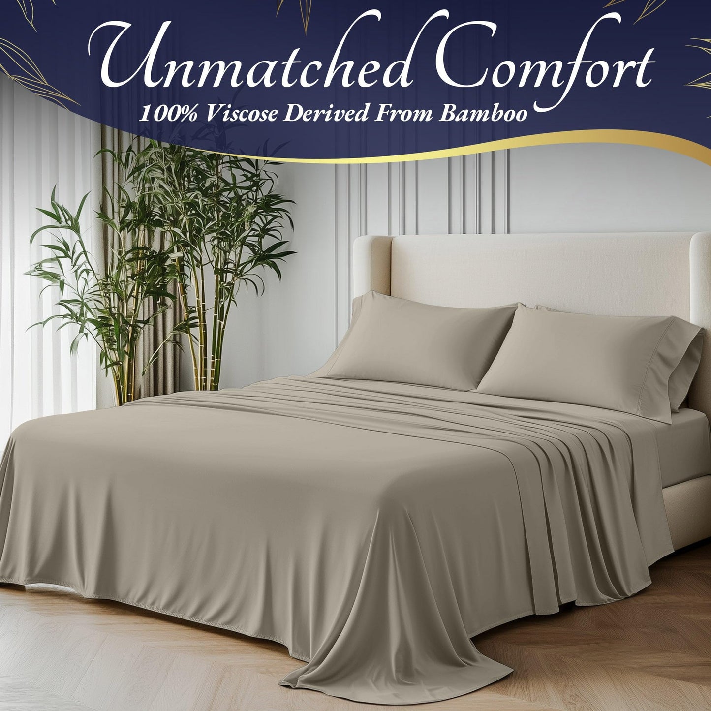Taupe bamboo viscose sheet set on king-size bed with matching pillowcases and smooth drape.