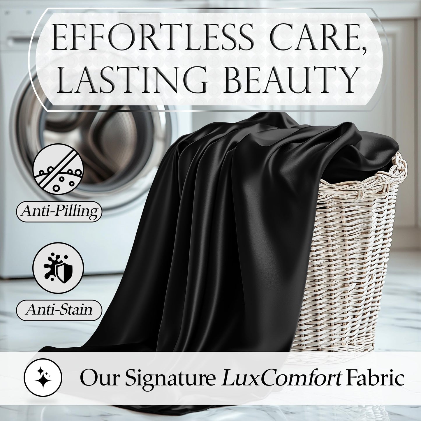 Black satin sheet draped over white wicker basket showcasing smooth, shiny texture.