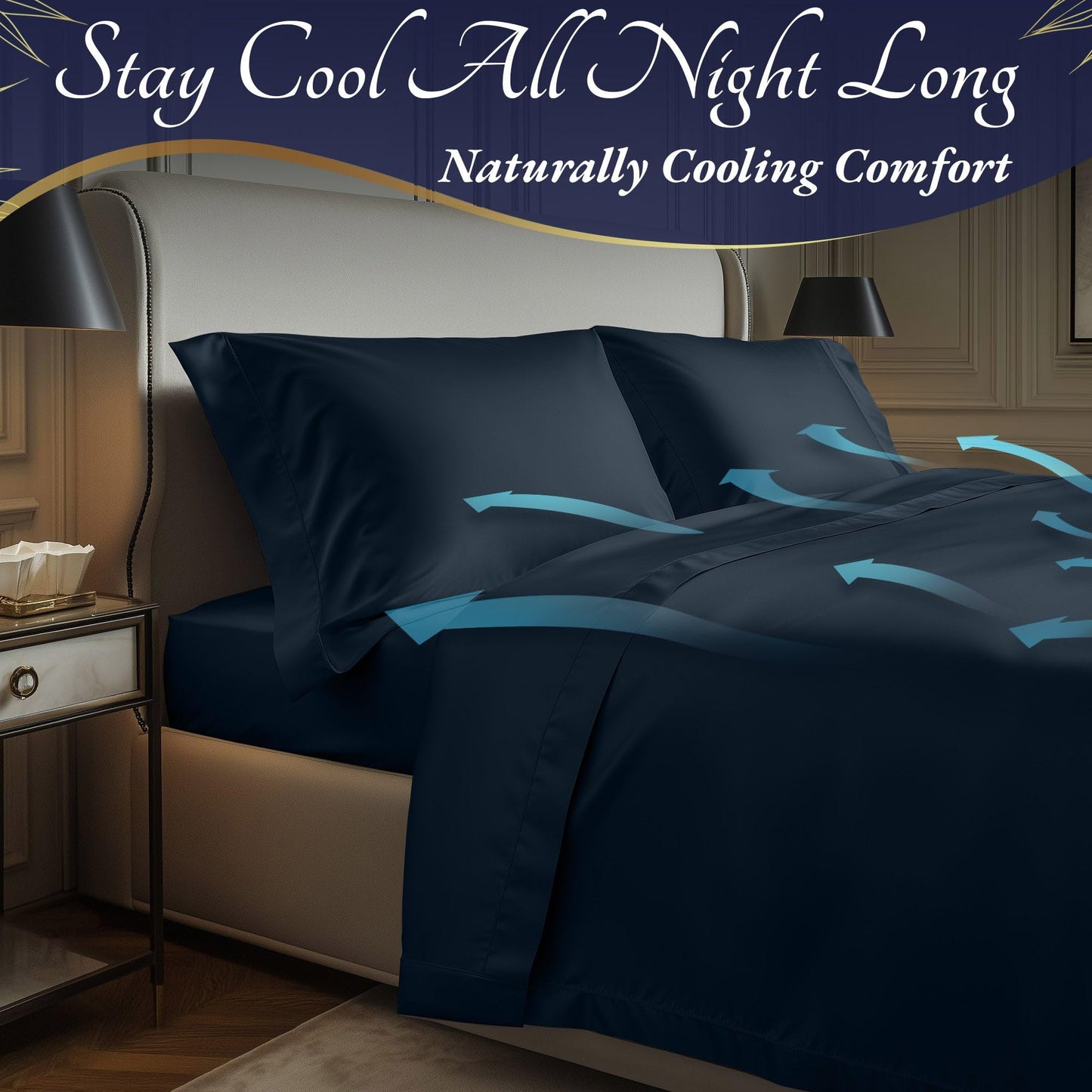 Navy blue bamboo sheet set on bed with matching pillowcases, showcasing smooth, cooling fabric.