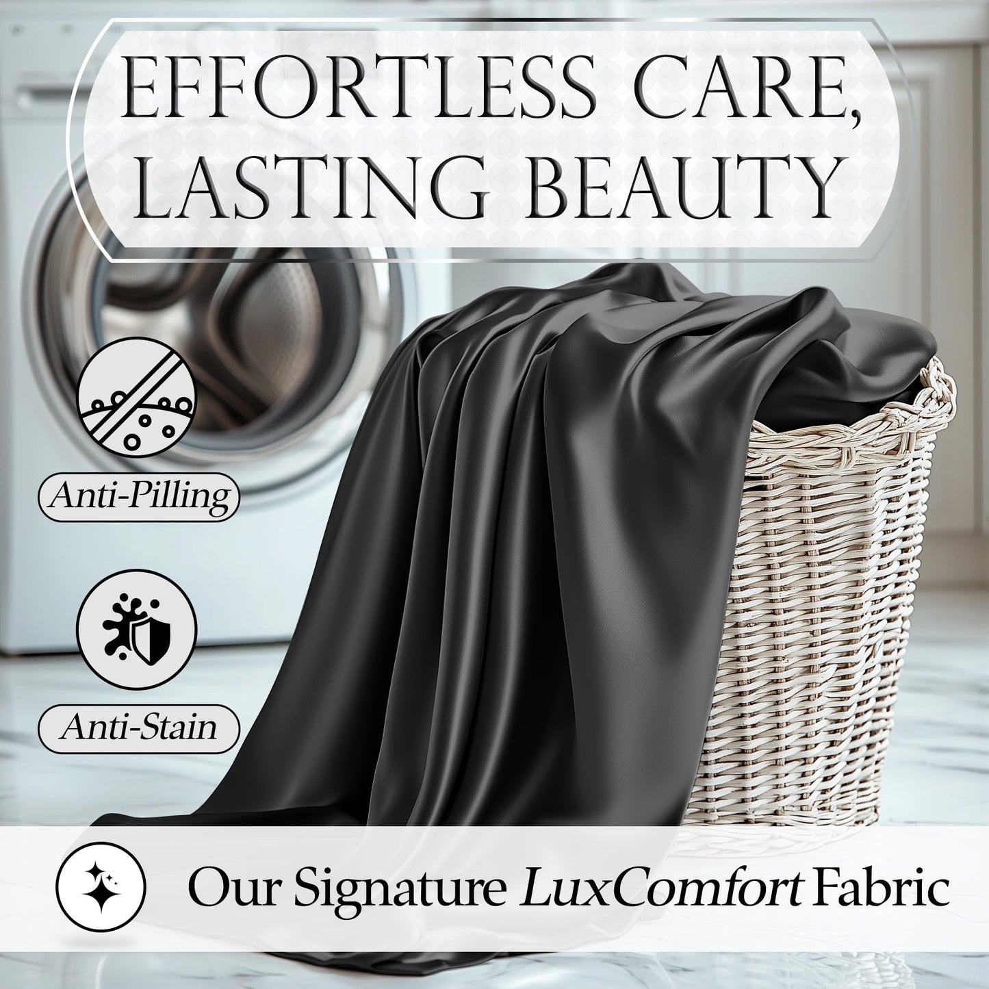 Stone grey satin sheet draped over wicker basket with anti-pilling and anti-stain labels.