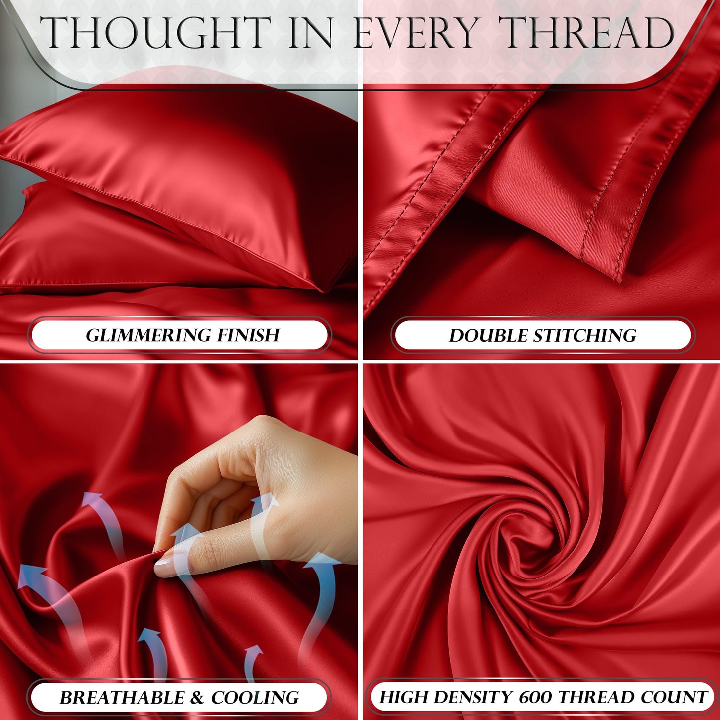 Red satin sheet set with glimmering finish, double stitching, breathable and cooling fabric, and high-density 600 thread.