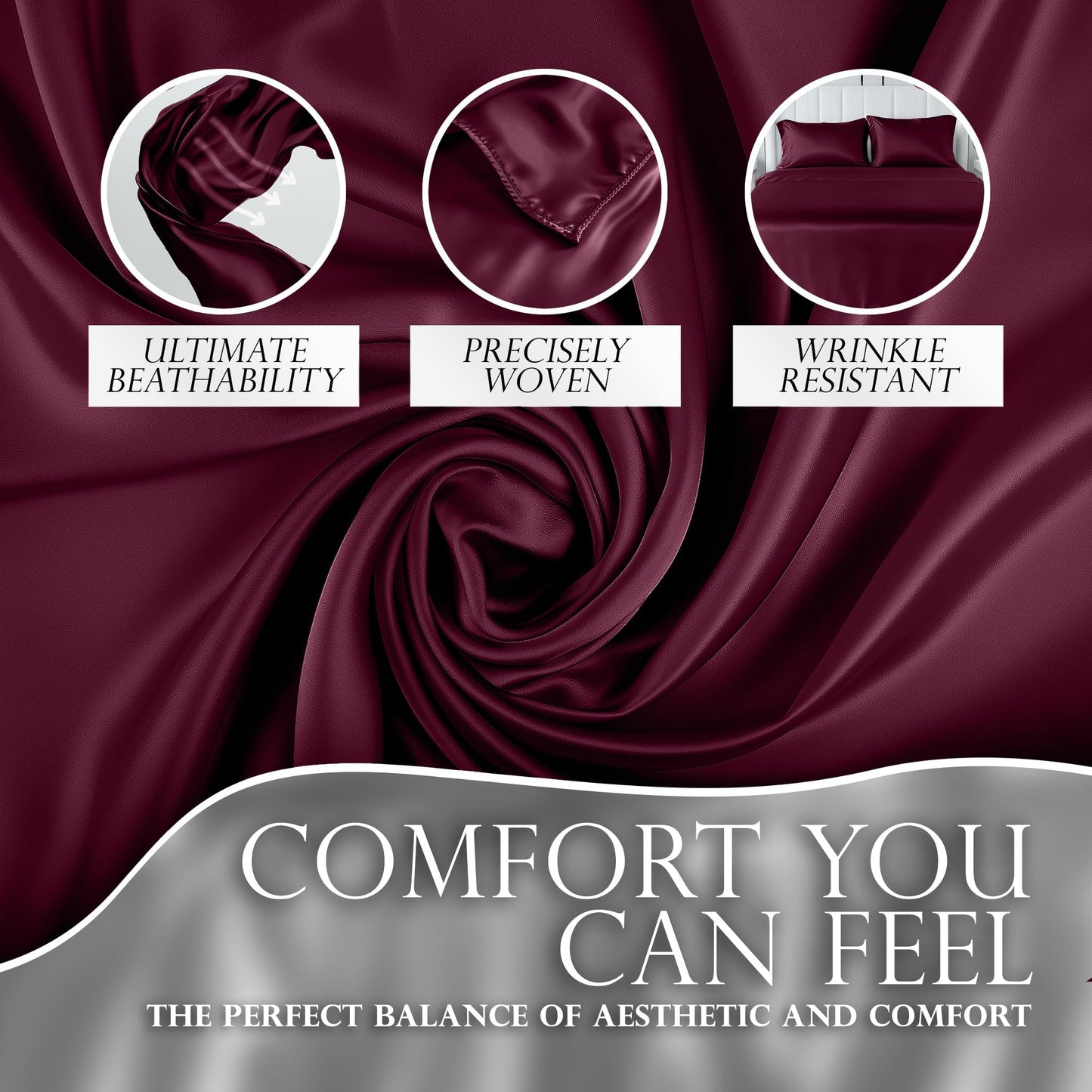 Luxurious rosewood satin fabric with smooth, wrinkle-resistant, and breathable texture close-up.
