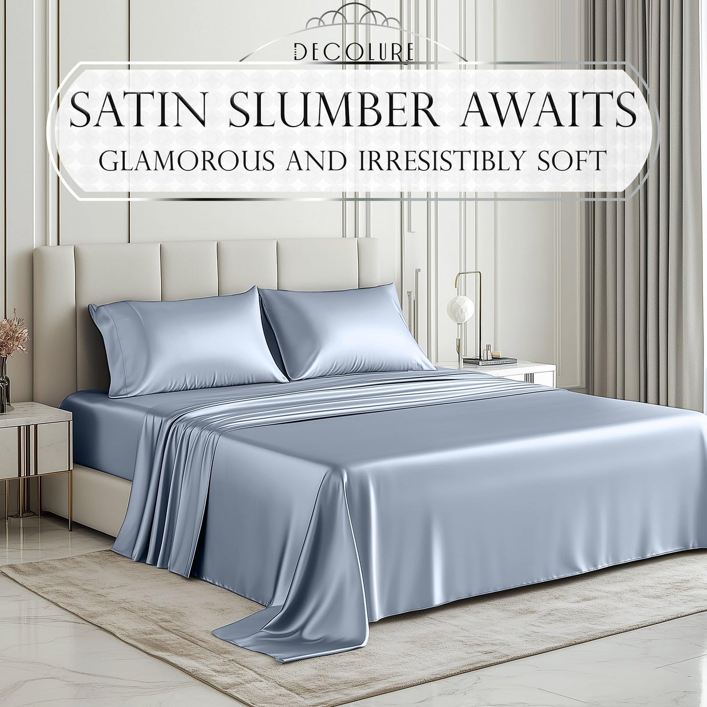 Baby blue satin sheet set on queen bed with matching pillowcases in modern bedroom.