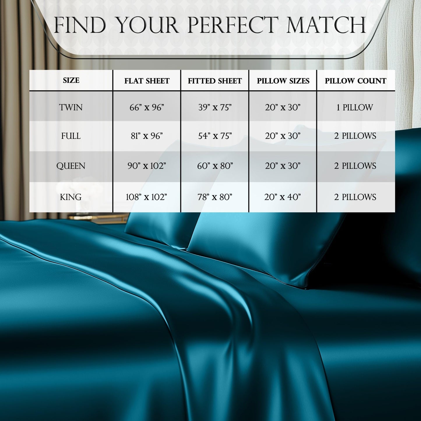 Sea teal satin sheets with smooth, glossy finish draped on a bed, showcasing luxurious texture and sheen.