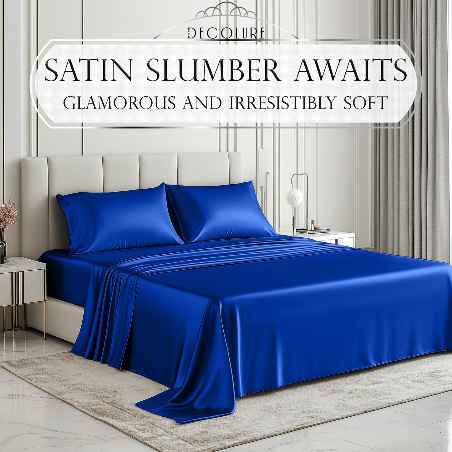 Blue satin sheet set on bed with matching pillowcases, shown in a modern bedroom setting.