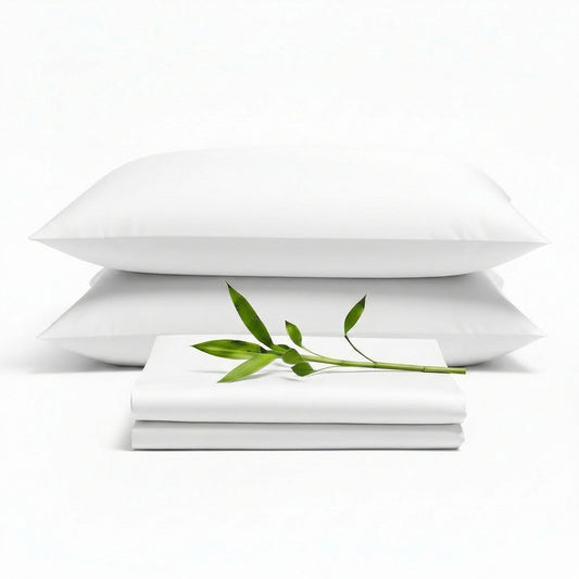 Decolure White bamboo sheet set 4-piece set including fitted sheet, flat sheet, and two pillowcases, neatly arranged