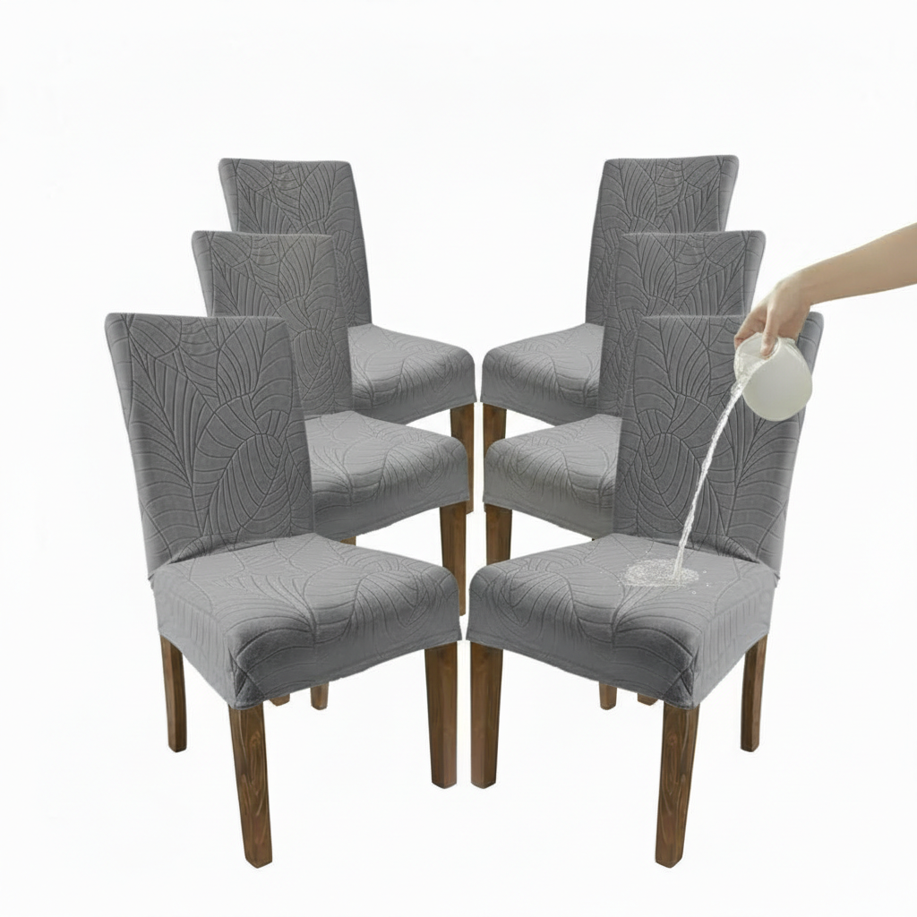 Set of six gray dining chairs with a person pouring water onto one chair.