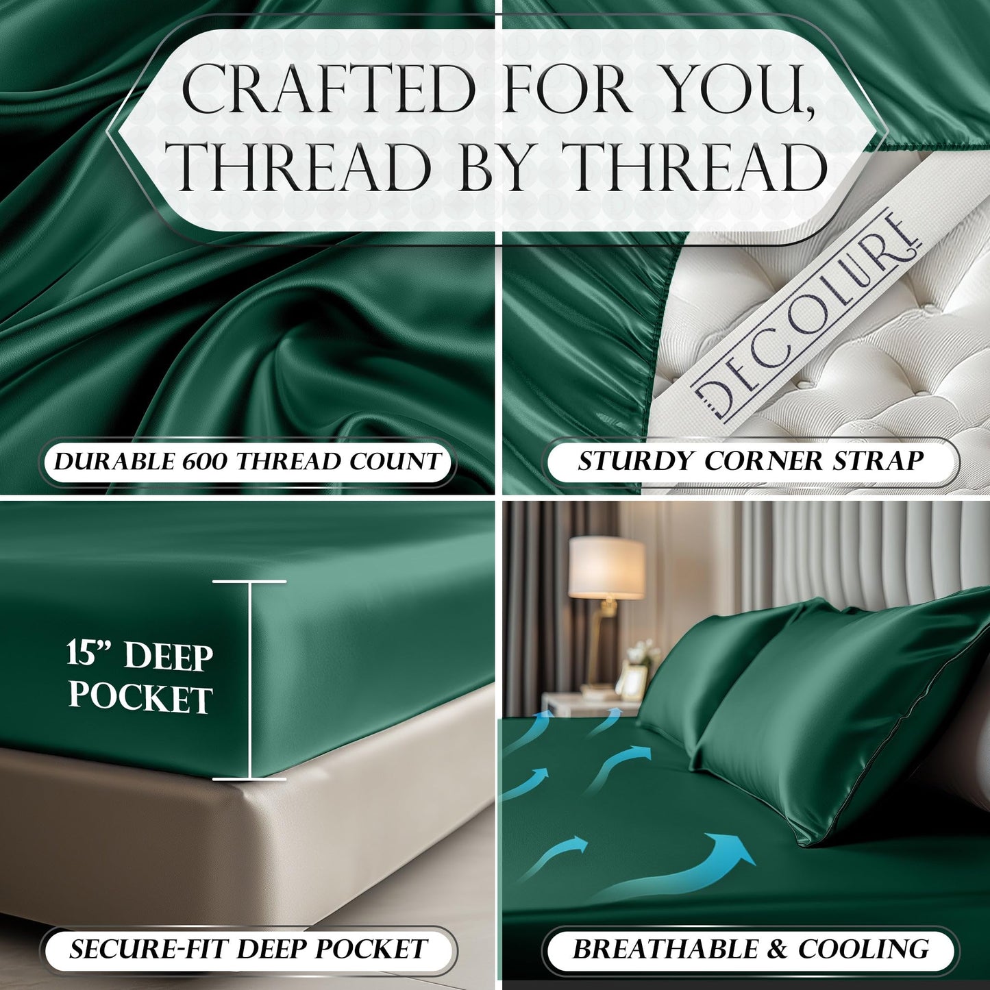 Dark green satin fitted sheet with 15-inch deep pocket, sturdy corner strap, and smooth, breathable fabric.