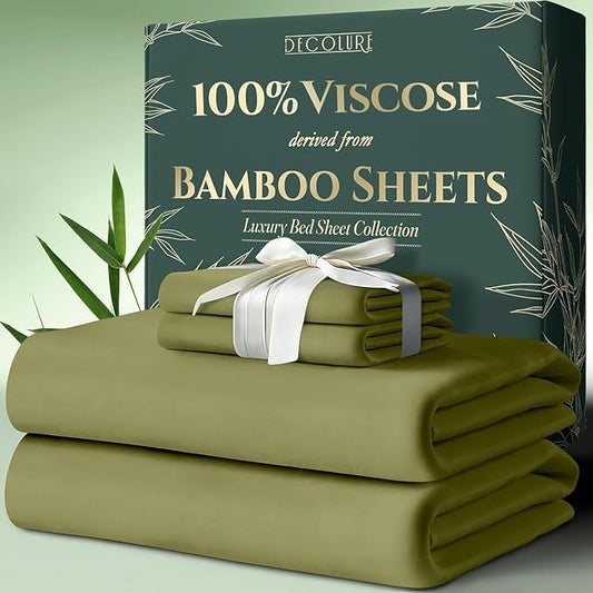 Light olive bamboo viscose sheet set with pillowcases tied in bow, displayed with matching packaging box.