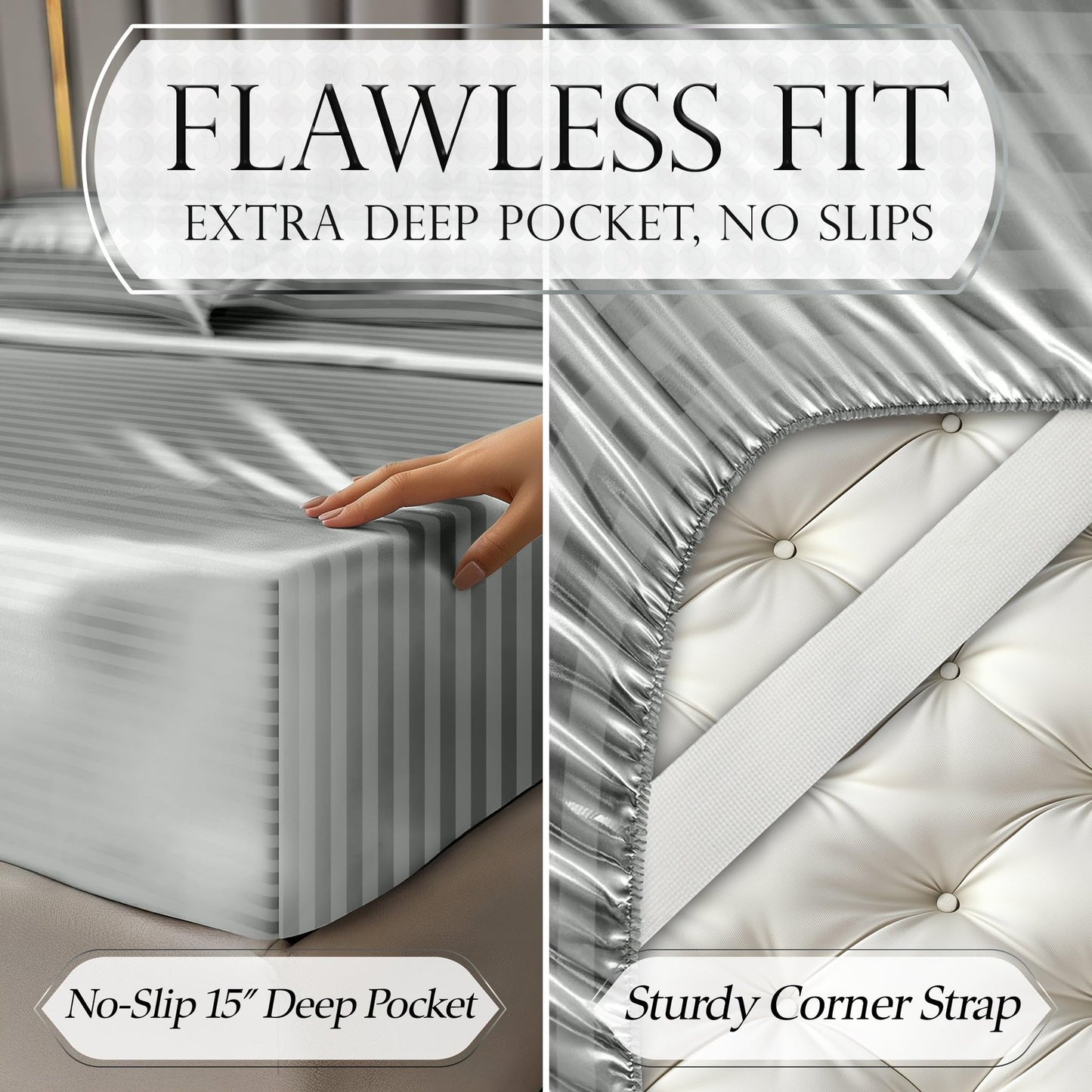 Satin Sheet Set - Striped Grey