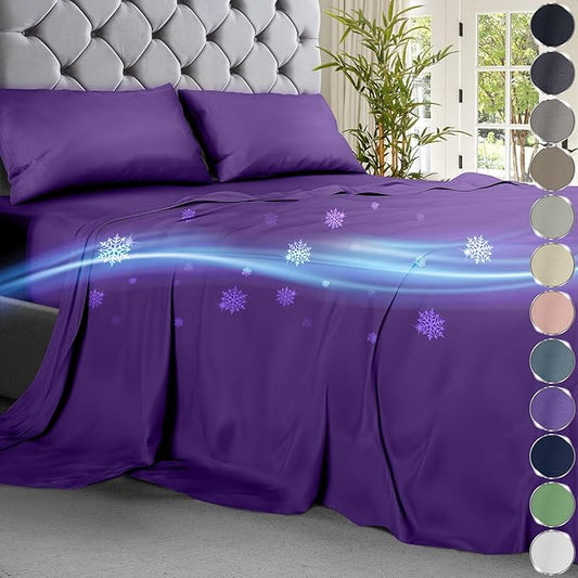 Regal purple cooling sheet set on bed with matching pillowcases and snowflake cooling effect illustration.