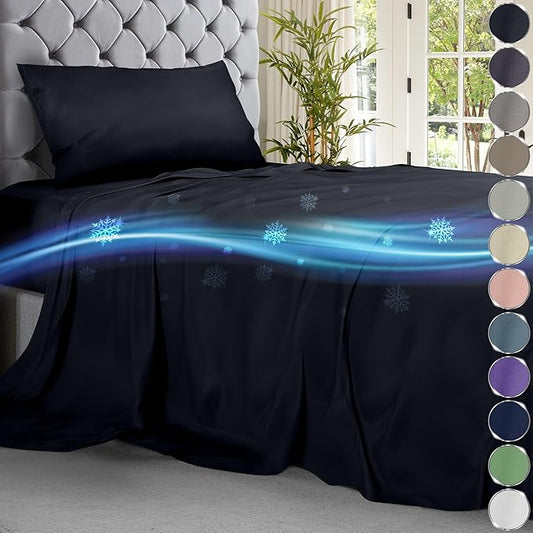Midnight black cooling sheet set on tufted bed with cooling airflow graphics.