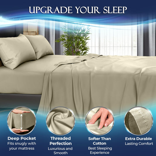 Cream cooling sheet set on bed with deep pockets and soft, smooth fabric in bright bedroom setting.